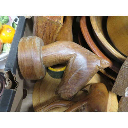 228 - A TRAY OF TREEN TOGETHER WITH A TRAY OF SUNDRIES