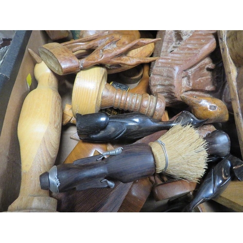 228 - A TRAY OF TREEN TOGETHER WITH A TRAY OF SUNDRIES