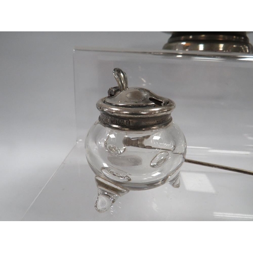 370 - A HALLMARKED SILVER TOPPED GLASS MUSTARD POT ALONG WITH AN EASTERN WHITE METAL TWIN HANDLED BOWL AND... 