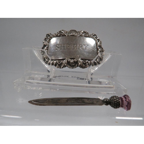 373 - A HALLMARKED SILVER PAGE MARKER AND SILVER WINE LABEL