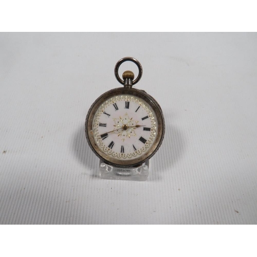 382 - A CONTINENTAL SILVER FOB WATCH WITH INLAID DIAL TOGETHER WITH A FILIGREE PENDANT, HALLMARKED SILVER ... 