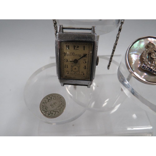 390 - A SILVER R.A.F BRACELET, ARMY CAP BROOCH, 9CT GOLD ON SILVER CUFFLINKS AND ART DECO WATCH