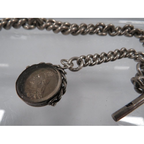 395 - A HEAVY HALLMARKED SILVER GRADUATED ALBERT WATCH CHAIN AND T -BAR  WITH MOUNTED SILVER LATE VICTORIA... 