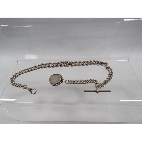 395 - A HEAVY HALLMARKED SILVER GRADUATED ALBERT WATCH CHAIN AND T -BAR  WITH MOUNTED SILVER LATE VICTORIA... 