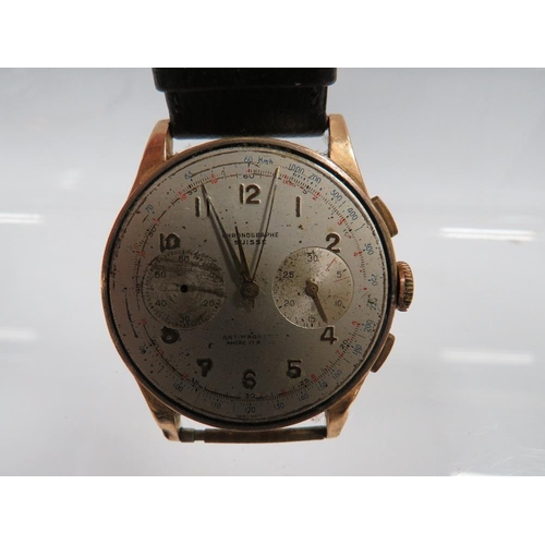 399 - A CONTINENTAL HALLMARKED 18K GOLD CHRONOGRAPH SUISSE ANTI MAGNETIC WATCH A/F (MANY FAULTS)