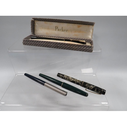 403 - FOUR PARKER FOUNTAIN PENS TO INC ONE BOXED AND ONE WITH 14CT GOLD NIB