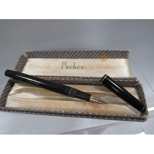 403 - FOUR PARKER FOUNTAIN PENS TO INC ONE BOXED AND ONE WITH 14CT GOLD NIB