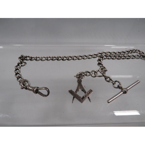 412 - AN HALLMARKED SILVER GENTS POCKET WATCH ALBERT CHAIN WITH MASONIC FOB