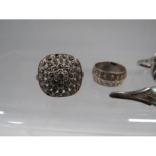 416 - TWO LARGE ART-DECO SILVER MARCASITE RINGS TOGETHER WITH TWO OTHERS