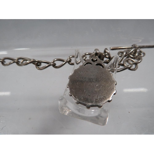 427 - AN ANTIQUE SILVER GENTS POCKET WATCH ALBERT CHAIN