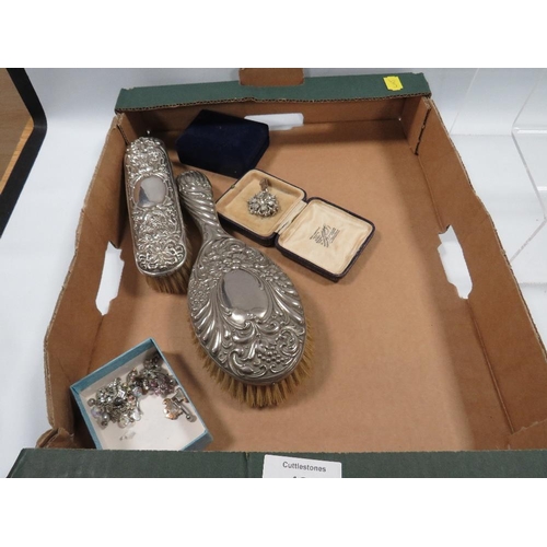 435 - BOX OF HALLMARKED SILVER ITEMS, BRUSHES, PENDANTS ETC