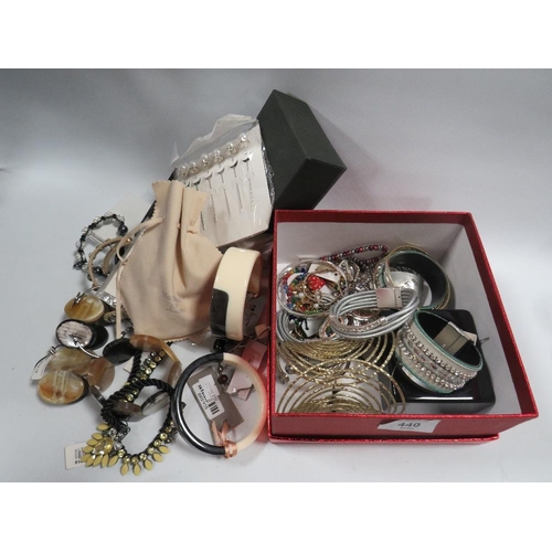 440 - A BAG AND BOX OF ASSORTED COSTUME JEWELLERY