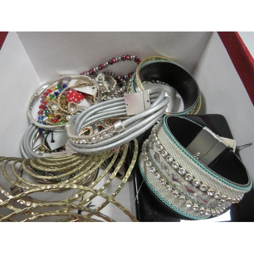 440 - A BAG AND BOX OF ASSORTED COSTUME JEWELLERY