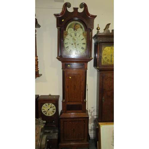 705 - AN ANTIQUE OAK AND MAHOGANY LONGCASE CLOCK WITH MOON ROLLER AND EIGHT DAY MOVEMENT BY MORRELL OF DUD... 