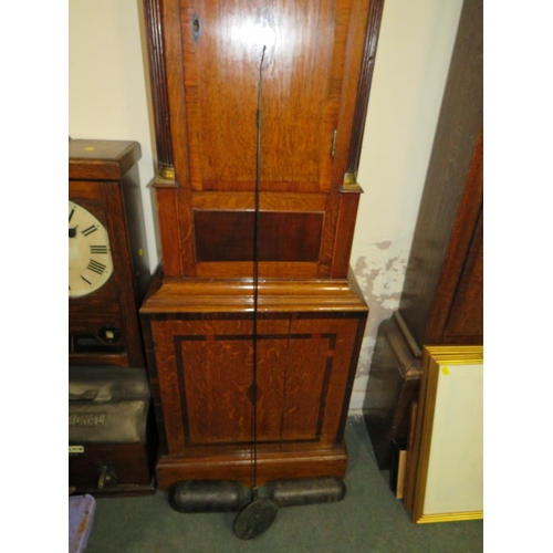 705 - AN ANTIQUE OAK AND MAHOGANY LONGCASE CLOCK WITH MOON ROLLER AND EIGHT DAY MOVEMENT BY MORRELL OF DUD... 