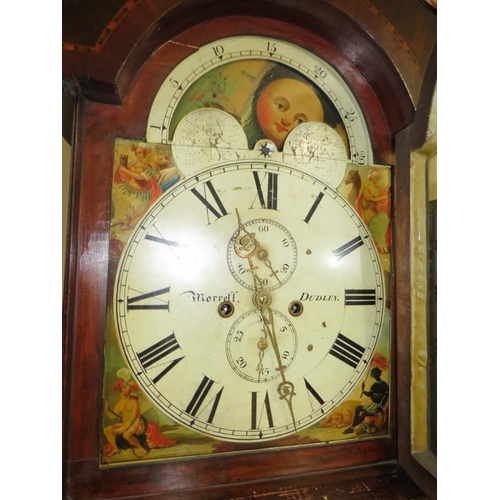 705 - AN ANTIQUE OAK AND MAHOGANY LONGCASE CLOCK WITH MOON ROLLER AND EIGHT DAY MOVEMENT BY MORRELL OF DUD... 