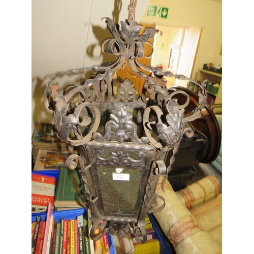 711 - A VINTAGE HANGING WROUGHT IRON LANTERN APPROX H-64 CM