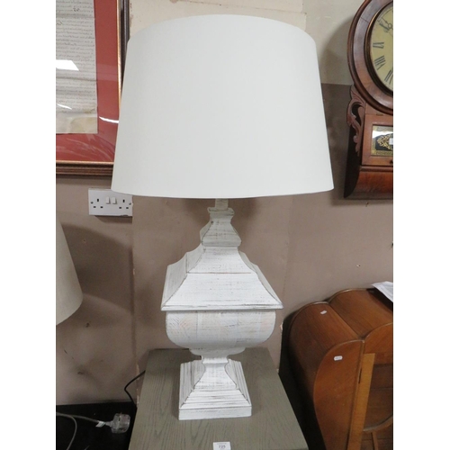 725 - A MODERN GREY PEDESTAL AND A WHITE TABLE LAMP & SHADE (2)