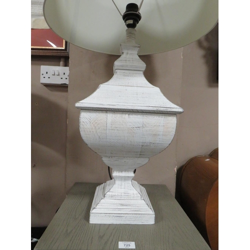 725 - A MODERN GREY PEDESTAL AND A WHITE TABLE LAMP & SHADE (2)