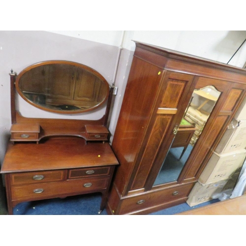 734 - AN EDWARDIAN MAHOGANY AND INLAID WARDROBE WITH DRESSING TABLE