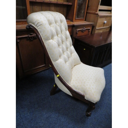 741 - AN ANTIQUE ROSEWOOD UPHOLSTERED SLIPPER CHAIR