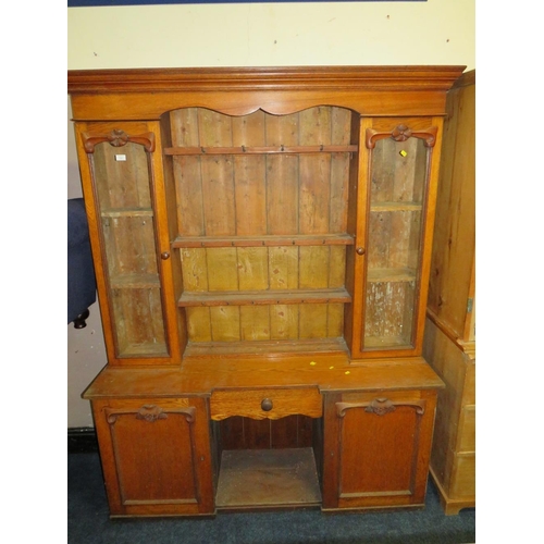 743 - AN ANTIQUE OAK GLAZED KITCHEN DRESSER 196 X 152 CM