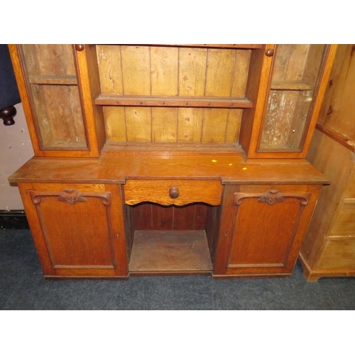 743 - AN ANTIQUE OAK GLAZED KITCHEN DRESSER 196 X 152 CM