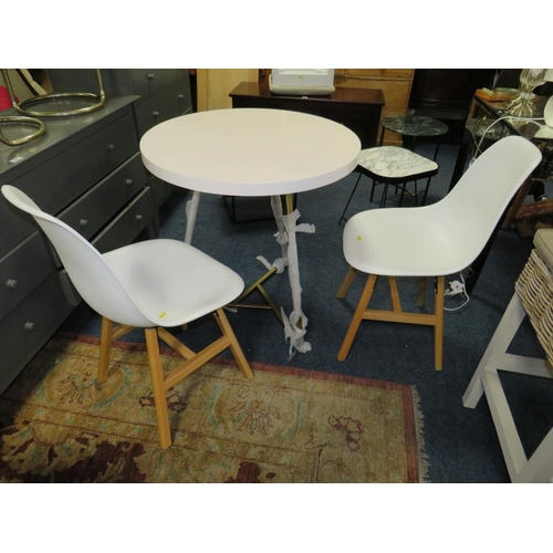 749 - A MODERN CIRCULAR WHITE TABLE WITH TWO CHAIRS PLUS TWO STOOLS