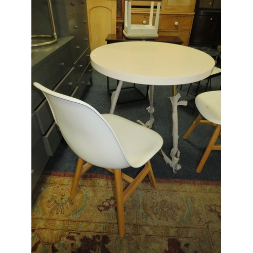 749 - A MODERN CIRCULAR WHITE TABLE WITH TWO CHAIRS PLUS TWO STOOLS