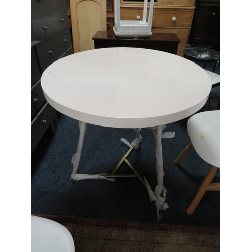 749 - A MODERN CIRCULAR WHITE TABLE WITH TWO CHAIRS PLUS TWO STOOLS