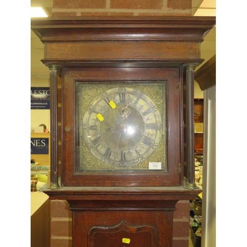 760 - AN ANTIQUE OAK BRASS FACED LONGCASE CLOCK BY THOMAS VERNON OF LUDLOW - WITH EIGHT DAY MOVEMENT - WEI... 