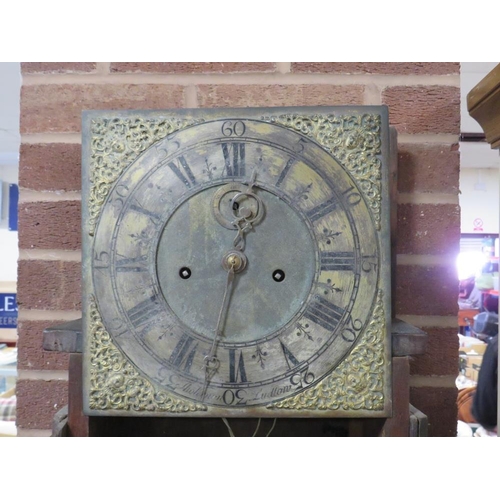 760 - AN ANTIQUE OAK BRASS FACED LONGCASE CLOCK BY THOMAS VERNON OF LUDLOW - WITH EIGHT DAY MOVEMENT - WEI... 