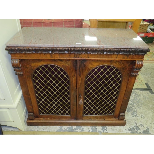 763 - AN ANTIQUE ROSEWOOD MARBLE TOPPED CHIFFONIER WITH BRASS GRILL DOORS 94 X 107 CM