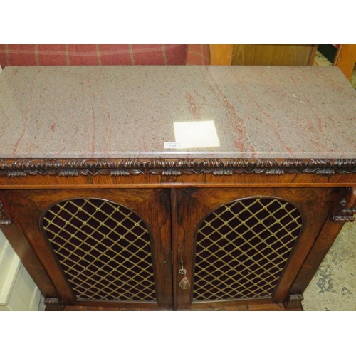 763 - AN ANTIQUE ROSEWOOD MARBLE TOPPED CHIFFONIER WITH BRASS GRILL DOORS 94 X 107 CM