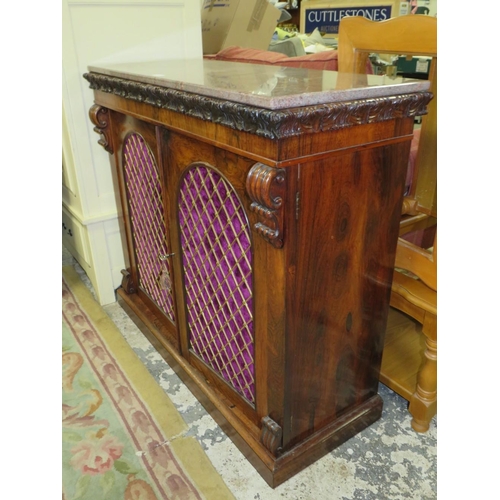 763 - AN ANTIQUE ROSEWOOD MARBLE TOPPED CHIFFONIER WITH BRASS GRILL DOORS 94 X 107 CM