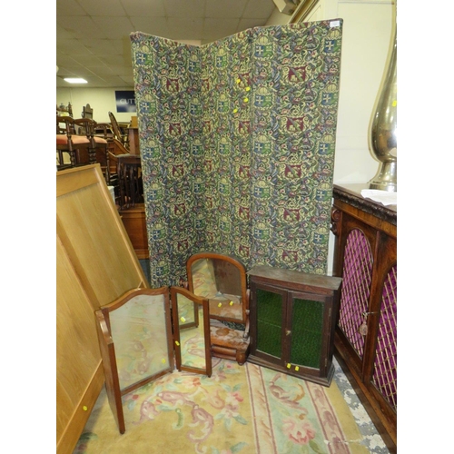 764 - A TAPESTRY FOUR FOLD SCREEN WITH A VICTORIAN DRESSING MIRROR, SMALL CABINET AND TRIPLE MIRROR (4)