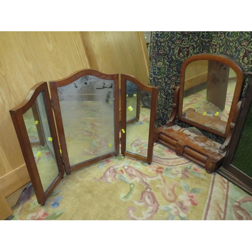 764 - A TAPESTRY FOUR FOLD SCREEN WITH A VICTORIAN DRESSING MIRROR, SMALL CABINET AND TRIPLE MIRROR (4)