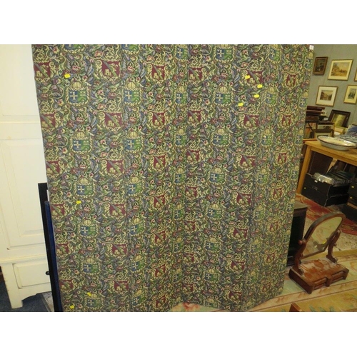 764 - A TAPESTRY FOUR FOLD SCREEN WITH A VICTORIAN DRESSING MIRROR, SMALL CABINET AND TRIPLE MIRROR (4)