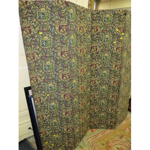 764 - A TAPESTRY FOUR FOLD SCREEN WITH A VICTORIAN DRESSING MIRROR, SMALL CABINET AND TRIPLE MIRROR (4)