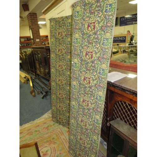 764 - A TAPESTRY FOUR FOLD SCREEN WITH A VICTORIAN DRESSING MIRROR, SMALL CABINET AND TRIPLE MIRROR (4)