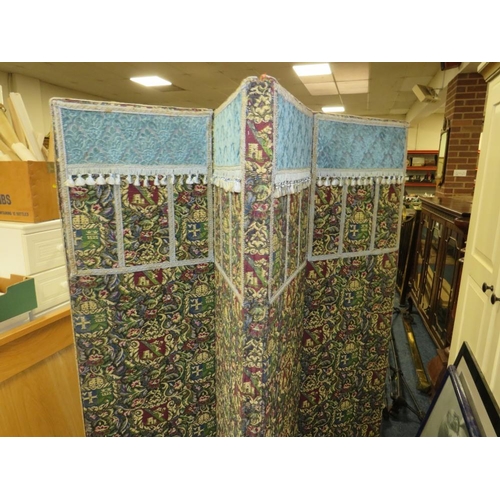 764 - A TAPESTRY FOUR FOLD SCREEN WITH A VICTORIAN DRESSING MIRROR, SMALL CABINET AND TRIPLE MIRROR (4)