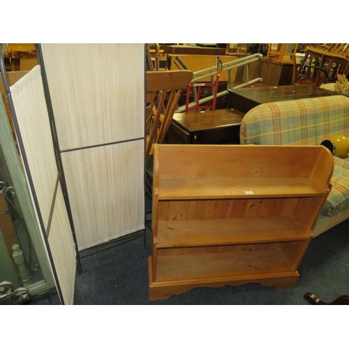 779 - A HONEY PINE OPEN BOOKCASE WITH A GREEN CHEVAL MIRROR, SMALLER MIRROR, ANOTHER MIRROR AND MODERN SCR... 