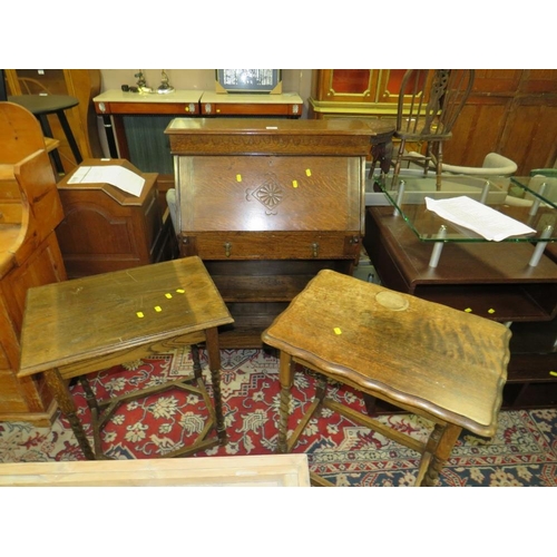 801 - A VINTAGE OAK STUDENTS BUREAU AND TWO BARLEY TWIST TABLES