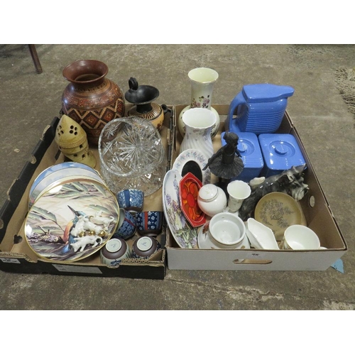 95 - TWO TRAYS OF ASSORTED CERAMICS & GLASSWARE TO INCLUDE POOLE DELPHIS SMALL DISH, ZOLNAY PECS VASE, HA... 