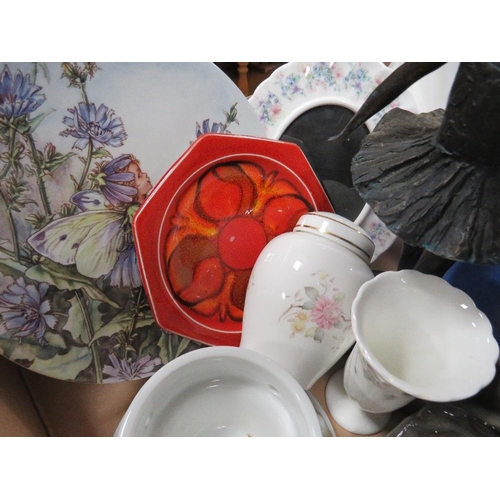 95 - TWO TRAYS OF ASSORTED CERAMICS & GLASSWARE TO INCLUDE POOLE DELPHIS SMALL DISH, ZOLNAY PECS VASE, HA... 