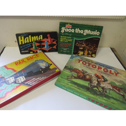 282 - FOUR VINTAGE BOXED GAMES TOTOPOLY, RAILRACE, FACE THE MUSIC AND HALMA