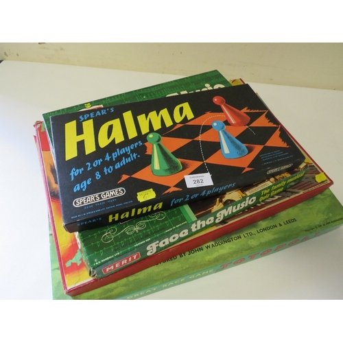 282 - FOUR VINTAGE BOXED GAMES TOTOPOLY, RAILRACE, FACE THE MUSIC AND HALMA