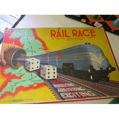 282 - FOUR VINTAGE BOXED GAMES TOTOPOLY, RAILRACE, FACE THE MUSIC AND HALMA