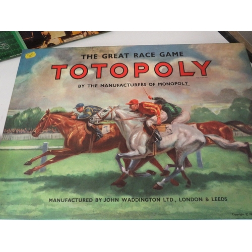 282 - FOUR VINTAGE BOXED GAMES TOTOPOLY, RAILRACE, FACE THE MUSIC AND HALMA