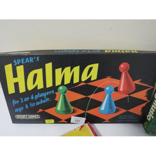 282 - FOUR VINTAGE BOXED GAMES TOTOPOLY, RAILRACE, FACE THE MUSIC AND HALMA